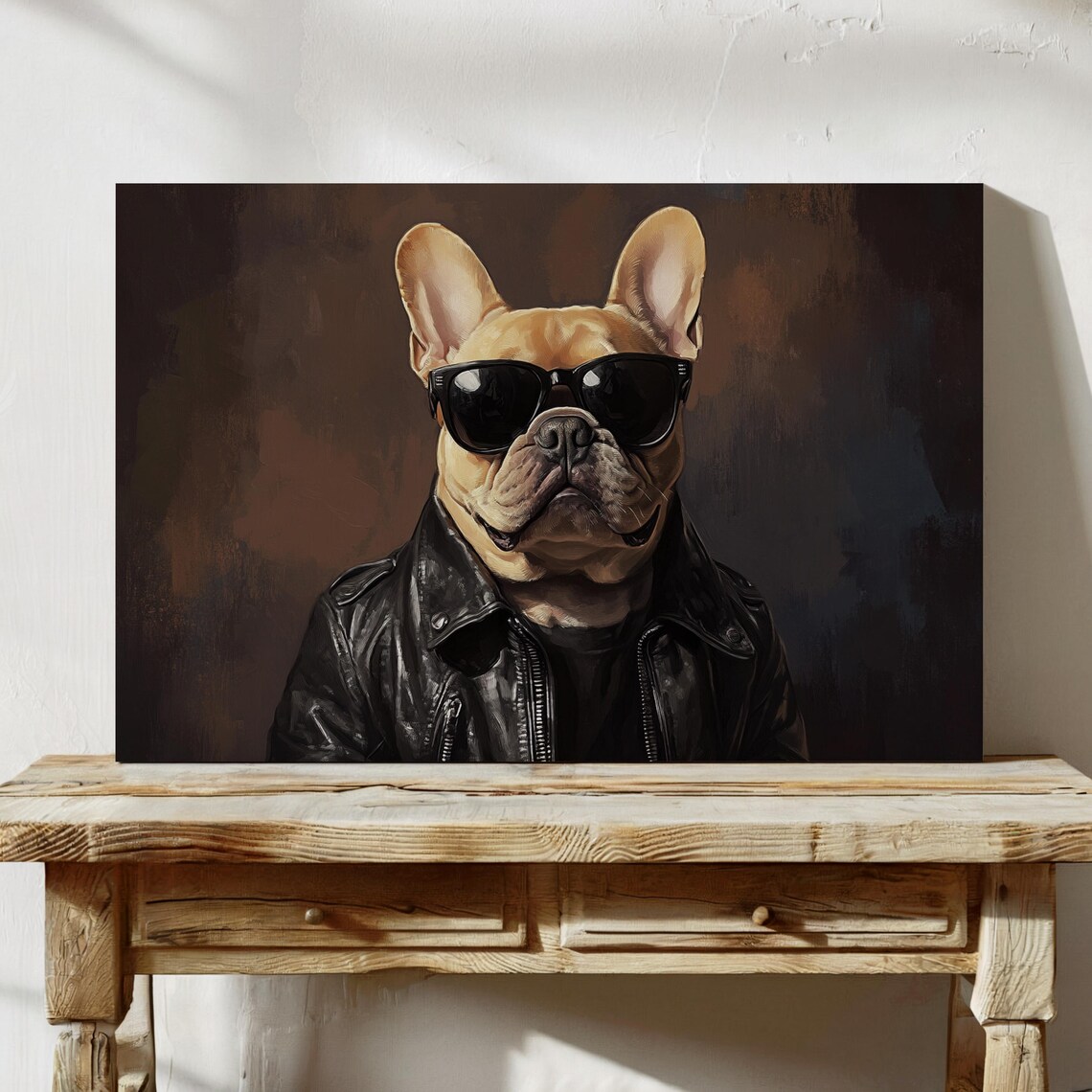 Cool Tan French Bulldog Leather Jacket Sunglasses Dog Art Print - Image 4