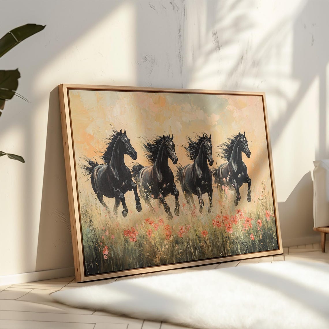 Four Black Stallions Galloping Through Wildflower Meadow Poster - Image 2