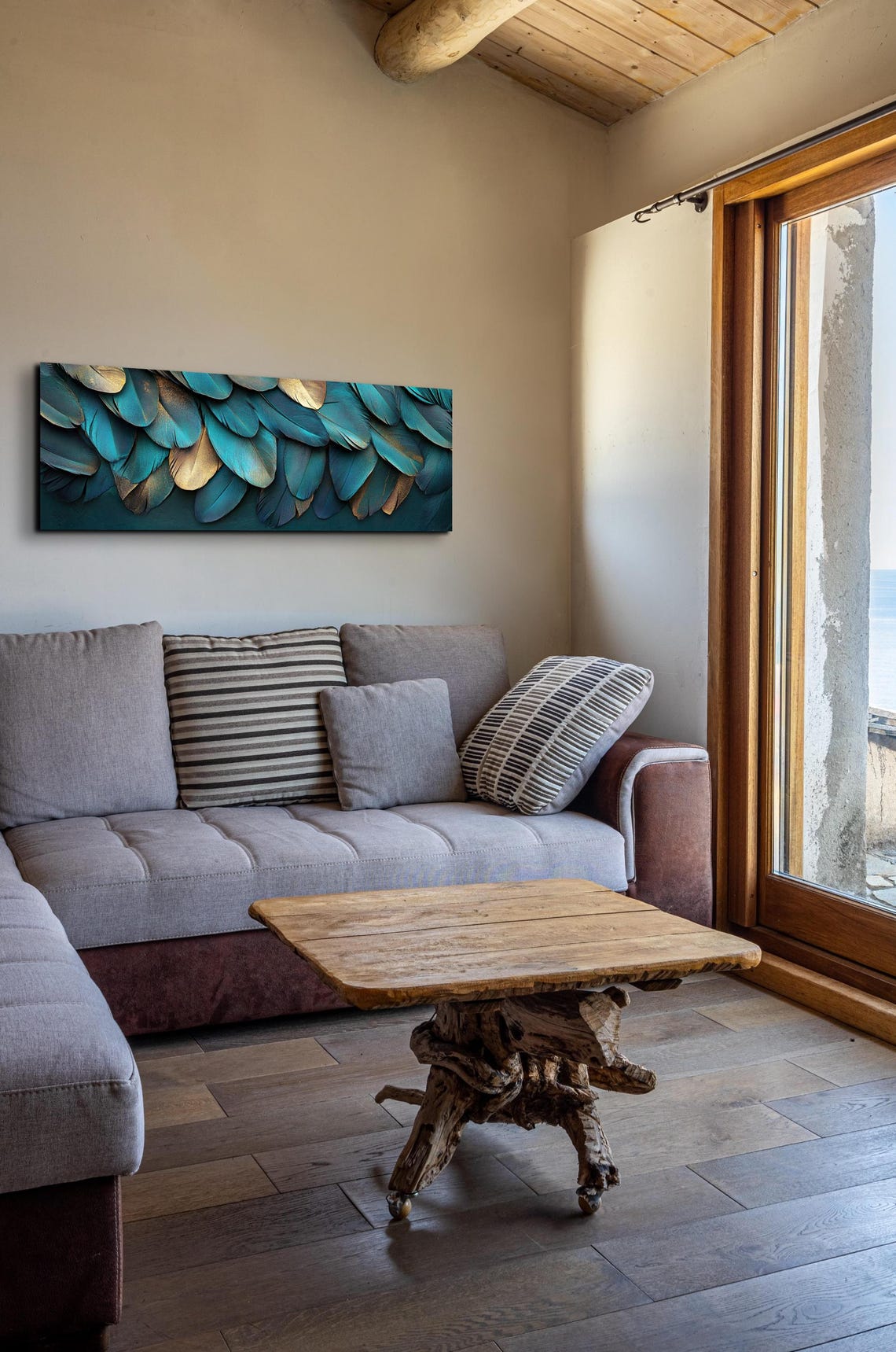 Layered Teal Gold Feathers Modern Elegant Panoramic Nature Poster - Image 7