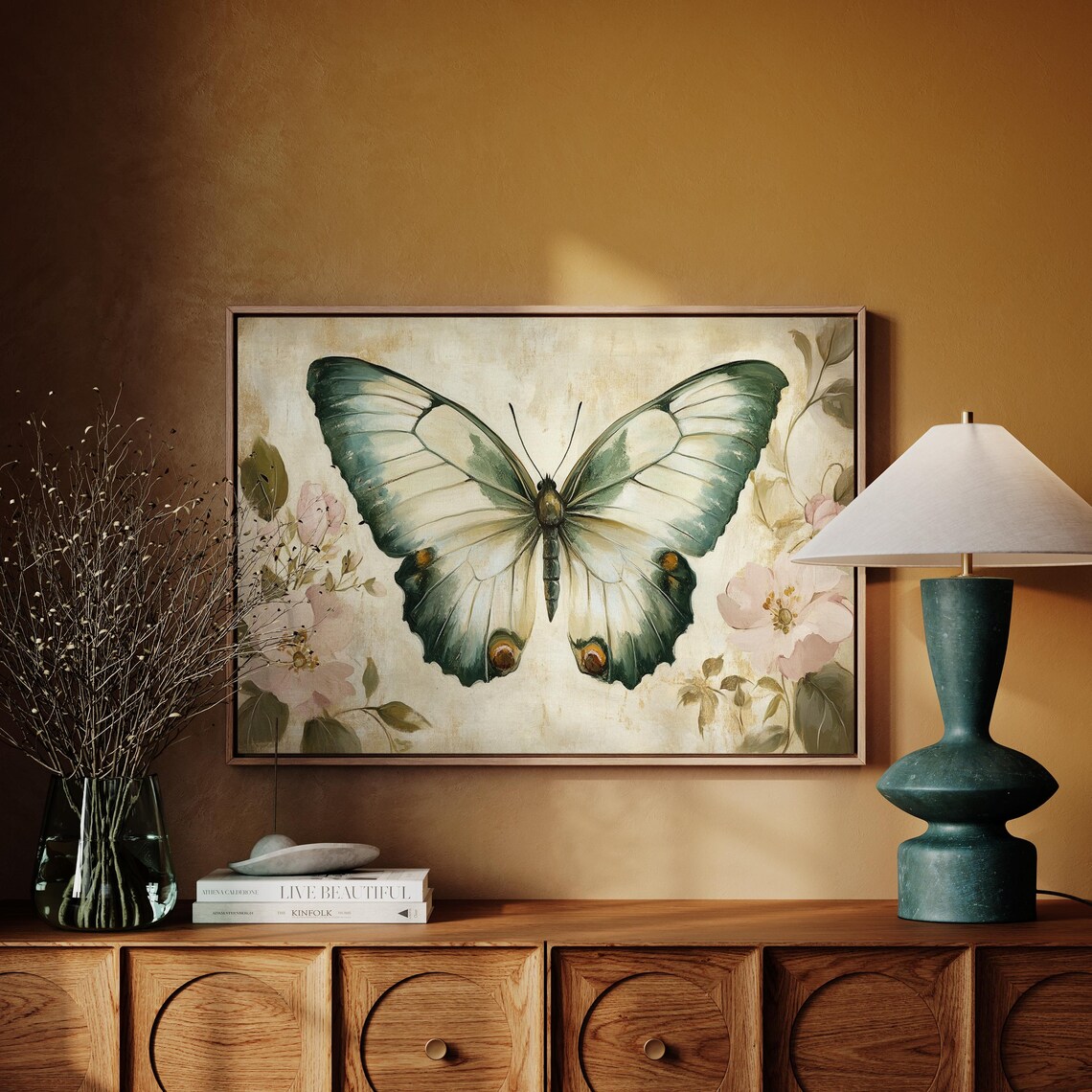 Butterfly Floral Art Print, Green and Pink Decor - Image 2