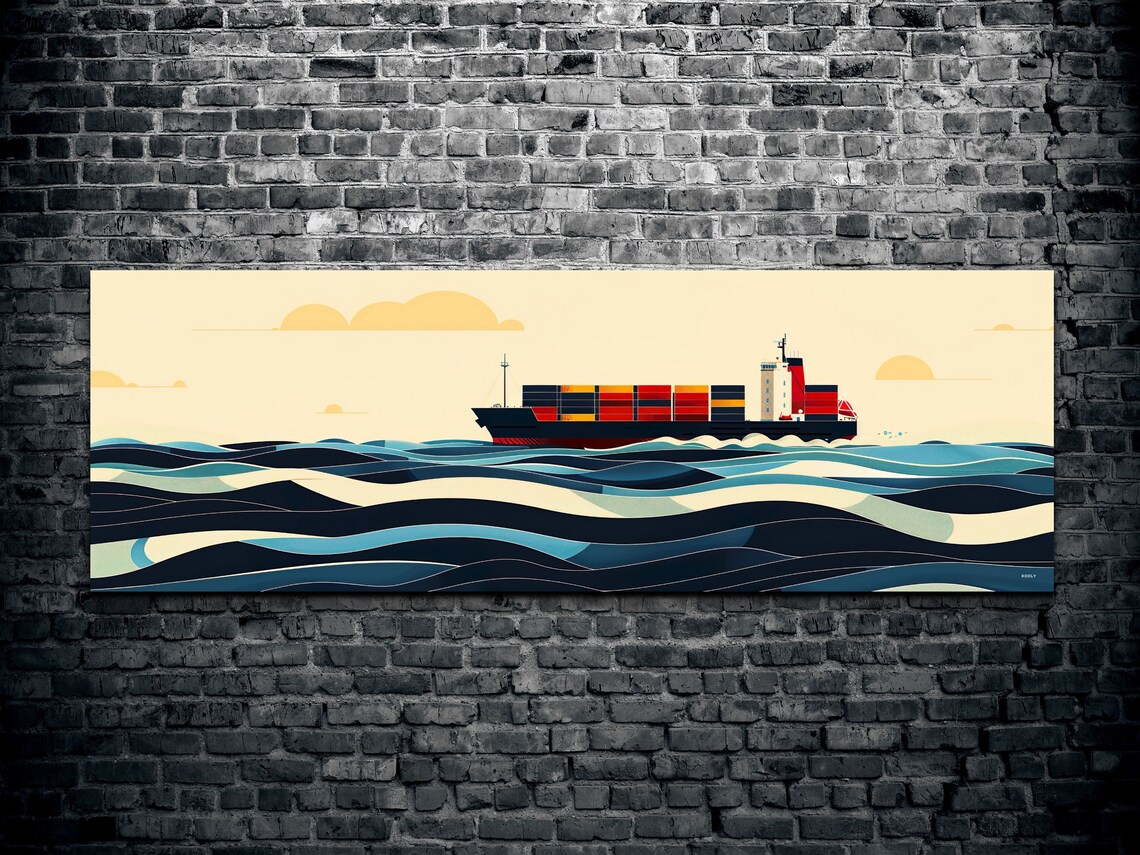Panoramic Cargo Ship In Ocean Wall Art Print - Image 2