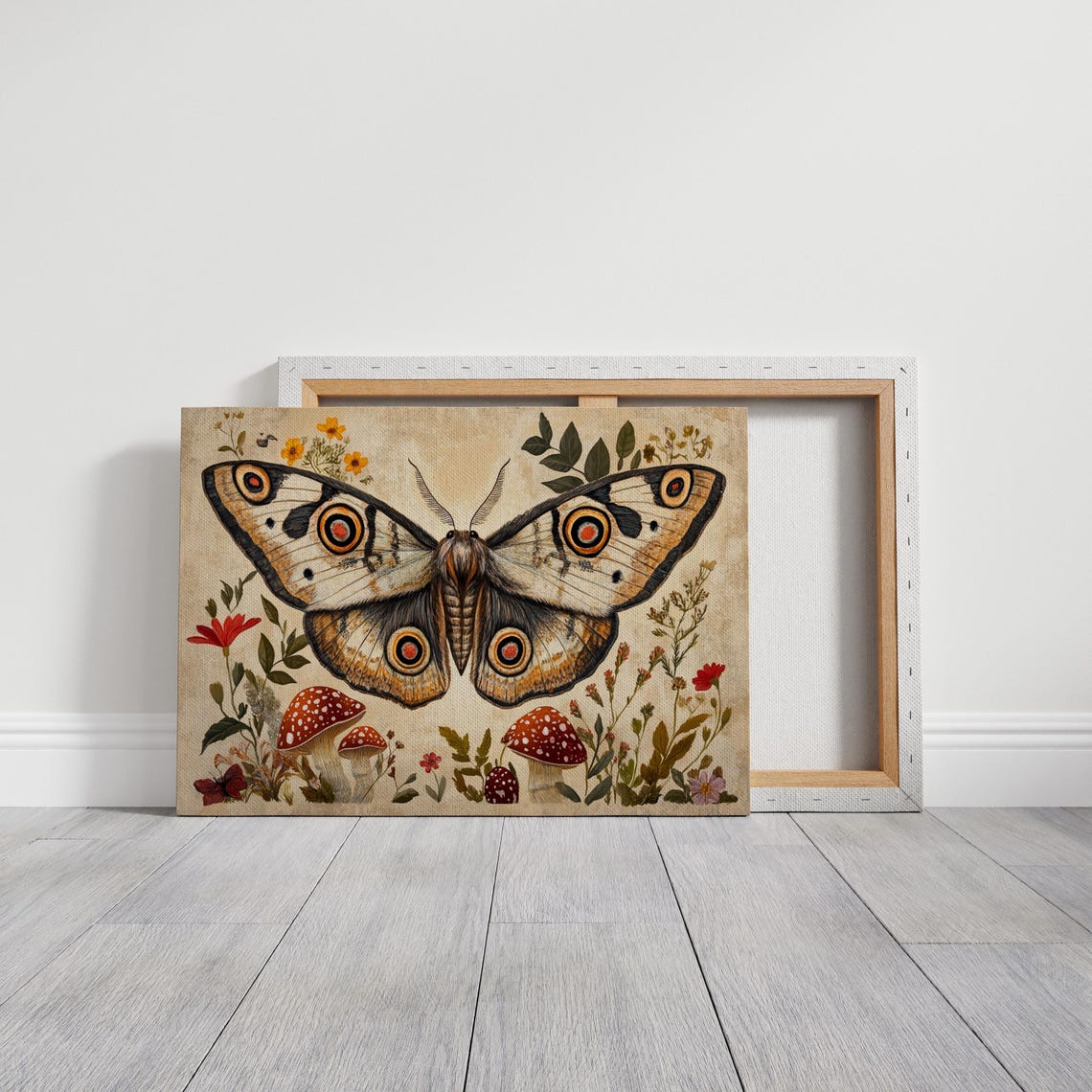 Large Moth With Eyespot Wings Mushrooms Red Florals Vintage Wall Art - Image 3