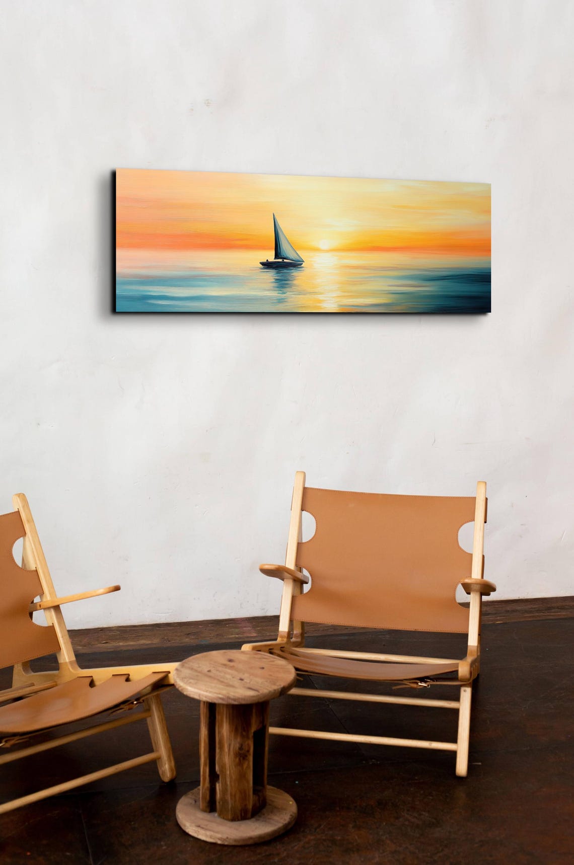 Lone Sailboat On Sunset Sea Orange Sky Panoramic Ocean Poster - Image 7