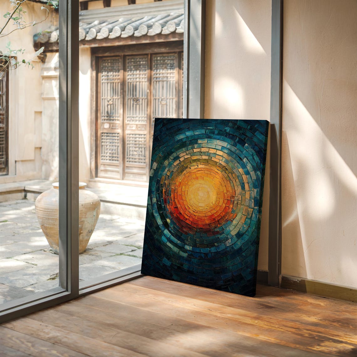 Vibrant Abstract Mosaic Warm Cool Tones Textured Geometric Wall Art Modern Sunburst Painting - Image 2