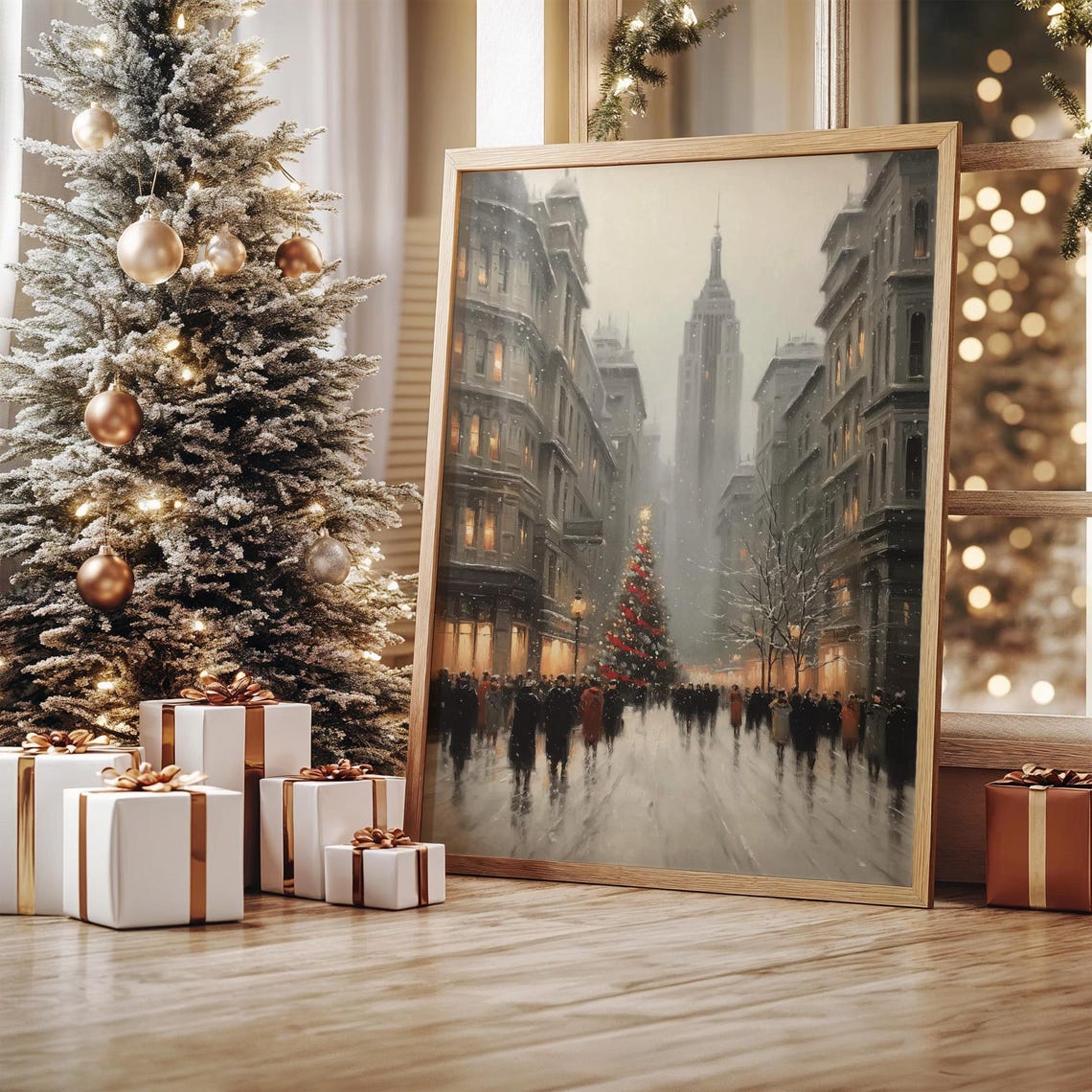 Snowy City Street Poster Christmas Tree Celebration Art Decor