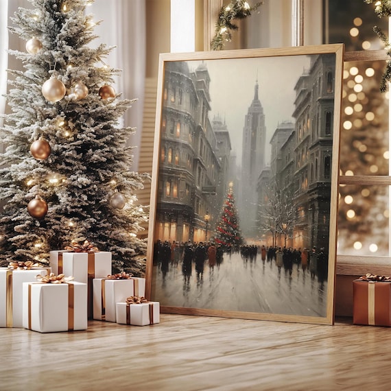 Snowy City Street Poster Christmas Tree Celebration Art Decor