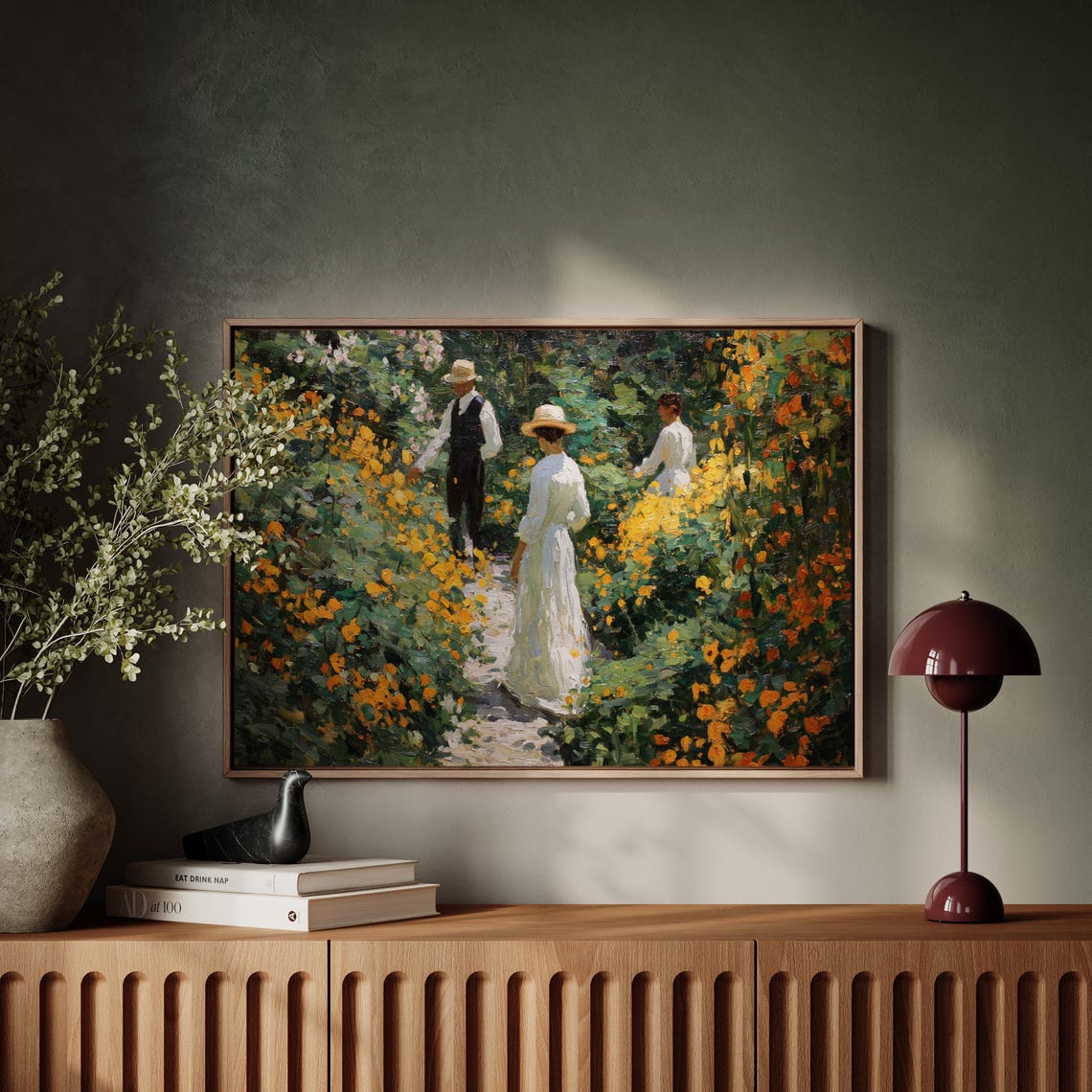 Elegant Figures Strolling in Blooming Garden Impressionist Poster