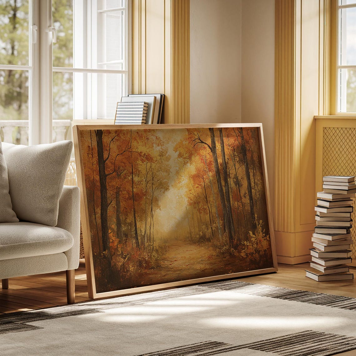 Golden Autumn Forest Path Lined With Orange Trees Vintage Wall Art - Image 4