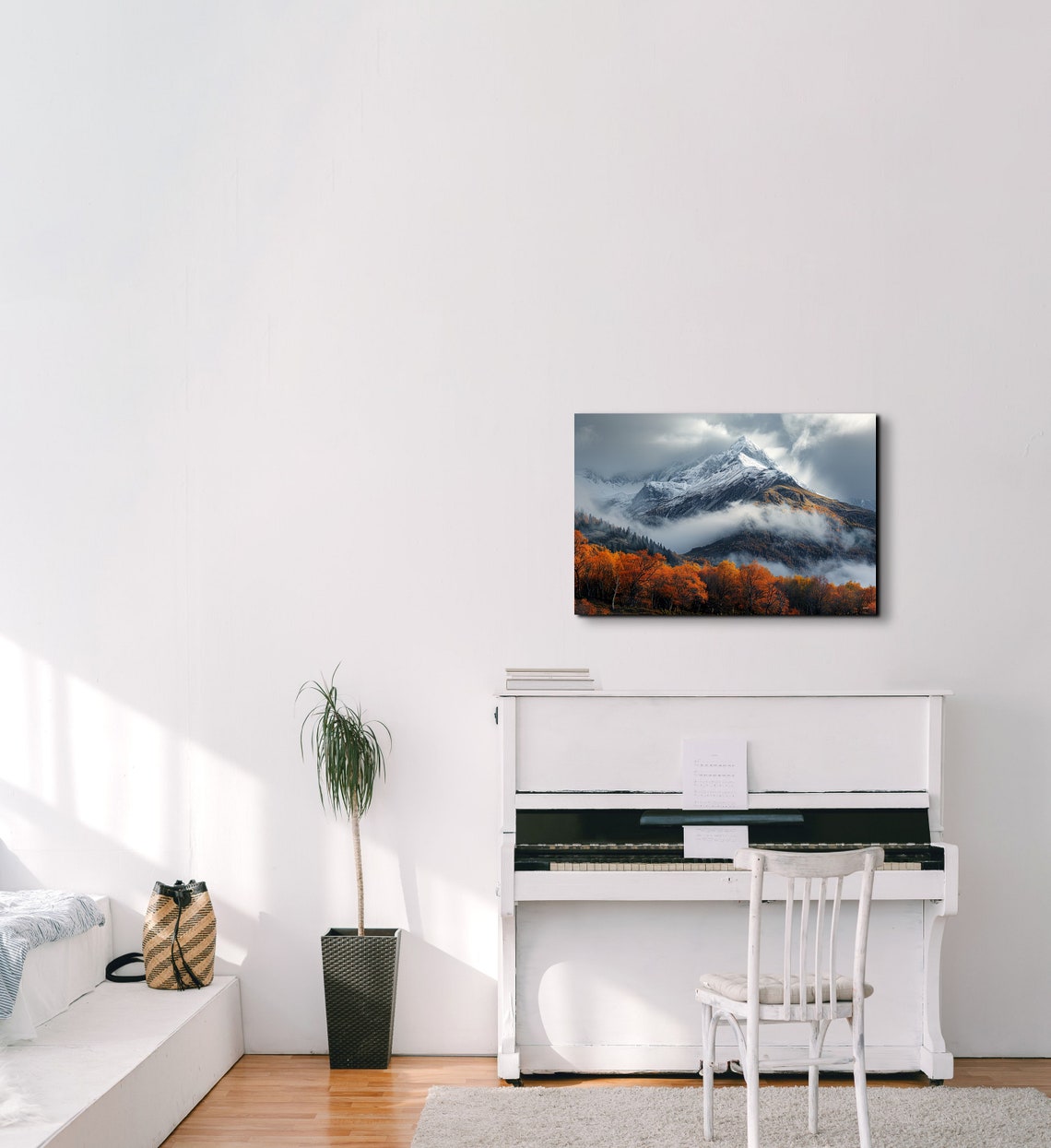 Snowcapped Mountain Peak Mist Autumn Orange Trees Landscape Wall Art - Image 3