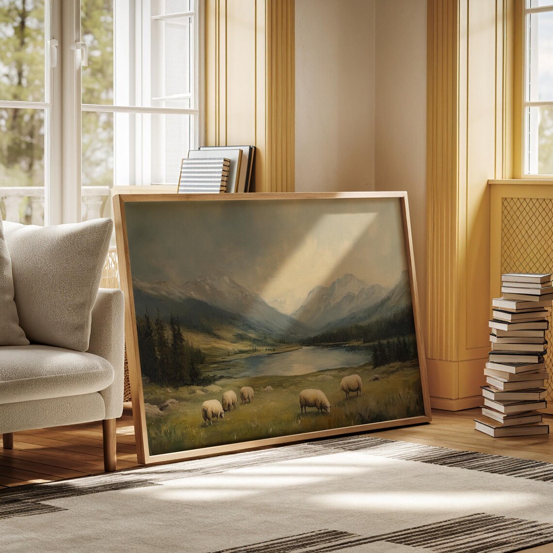 Serene Sheep In Mountain Meadow, Rustic Landscape