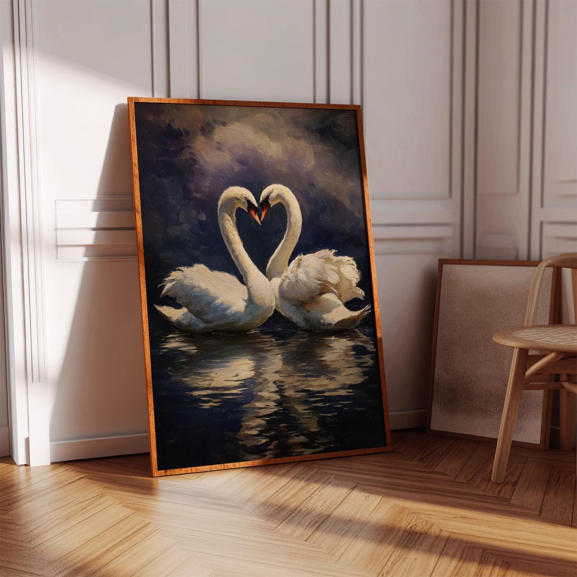 Swan Couple Heart Shaped Necks Romantic Moonlit Night Art Poster