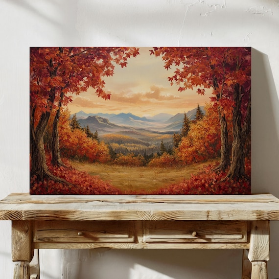 Red Maple Trees Framing A Mountain Valley Sunset Fall Landscape Poster