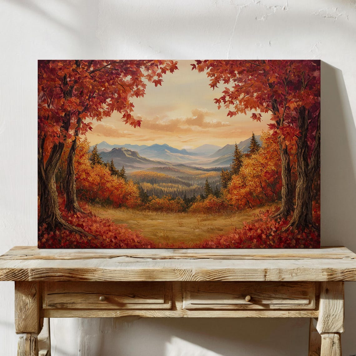 Red Maple Trees Framing A Mountain Valley Sunset Fall Landscape Poster