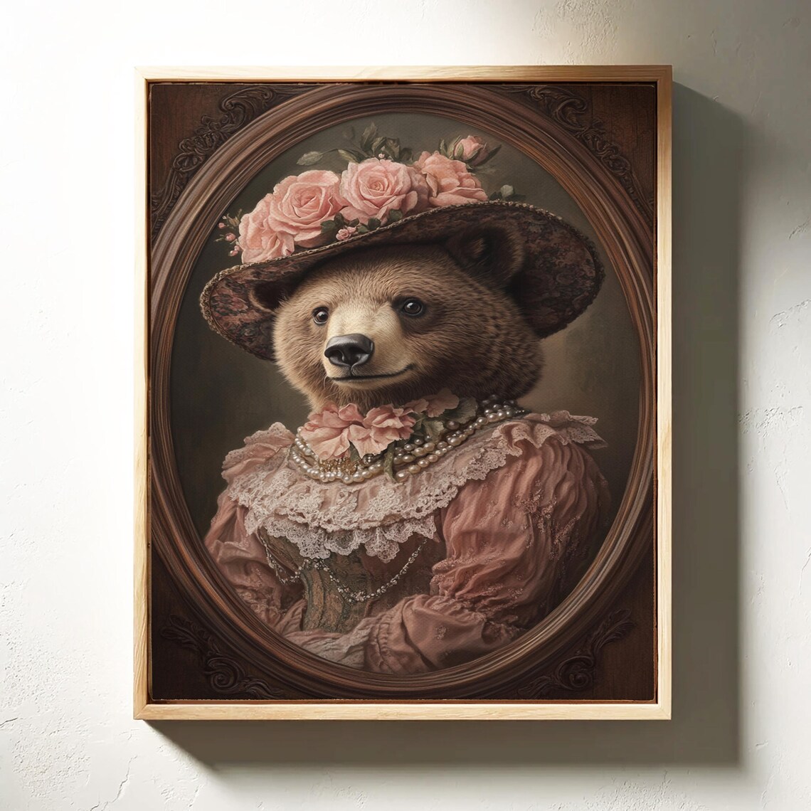Victorian Bear Lady Portrait Floral Hat Pearls Pink Dress Whimsical Animal Poster - Image 2