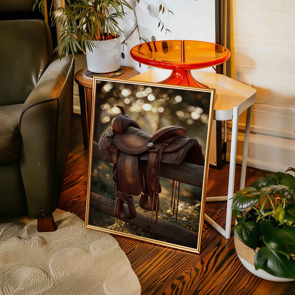 Leather Western Saddle Fence Rail Bokeh Rustic Cowboy Photo Wall Art
