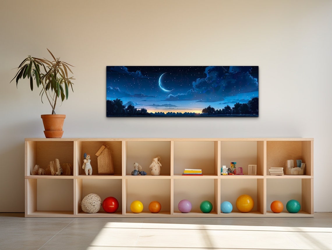 Crescent Moon Starry Night Sky Anime Style Panoramic Sky Poster - Image 6