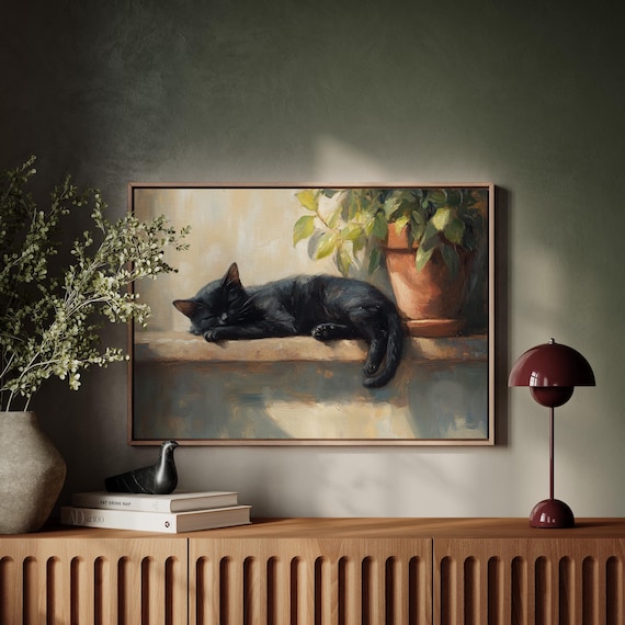 Napping Black Cat Stone Ledge Terracotta Plant Oil Paint Poster
