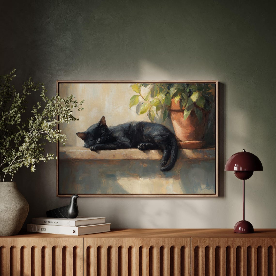 Napping Black Cat Stone Ledge Terracotta Plant Oil Paint Poster