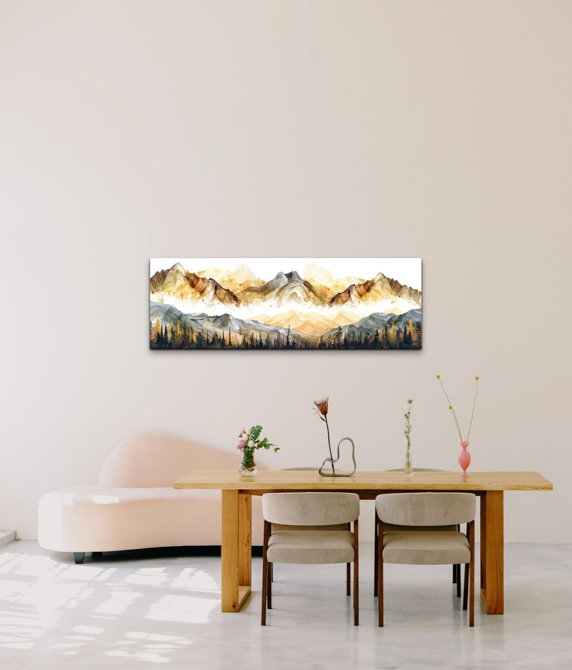 Mist Covered Mountains Gray Gold Panoramic Watercolor Poster - Image 6