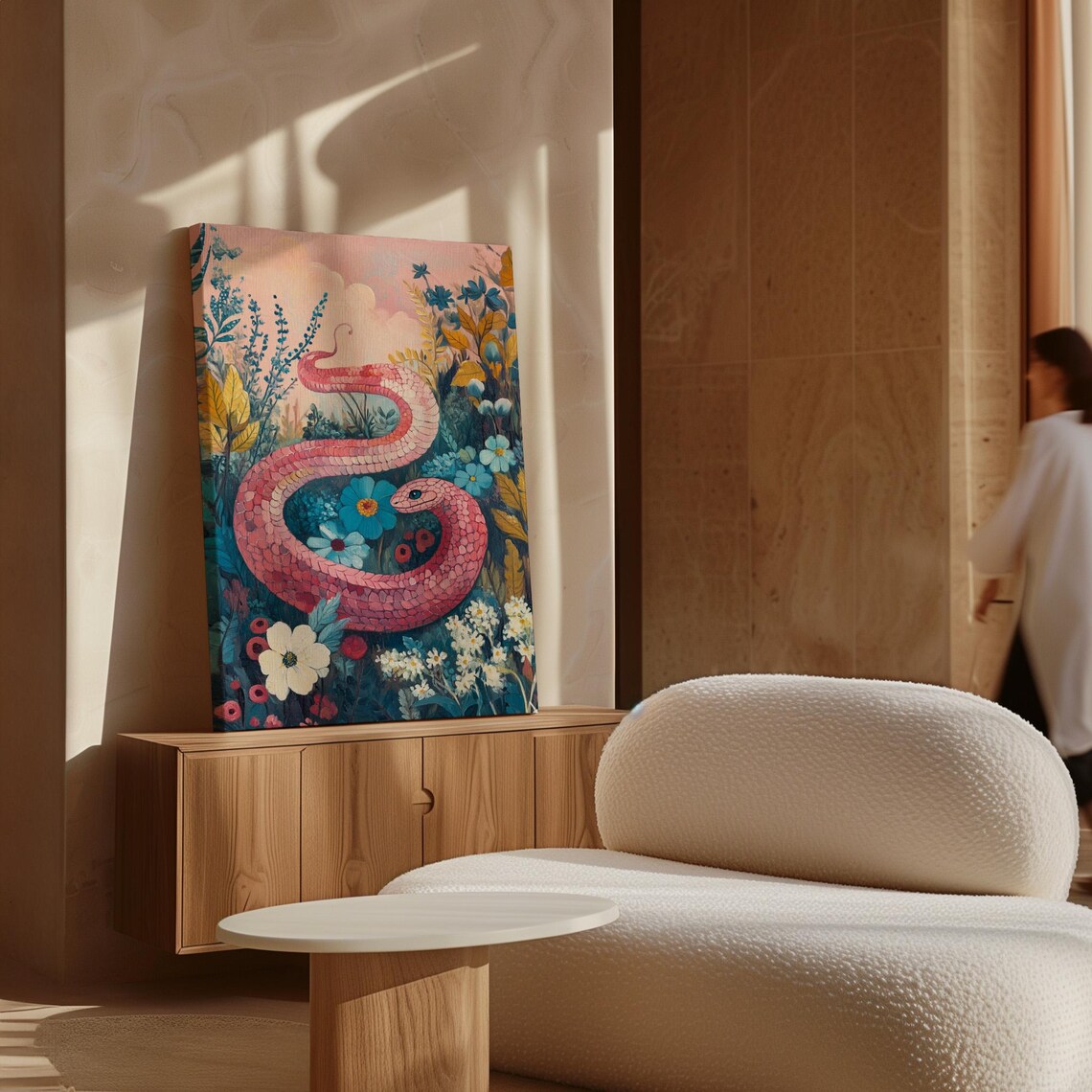 Pink Snake In Blooming Floral Garden Whimsical Botanical Poster - Image 6