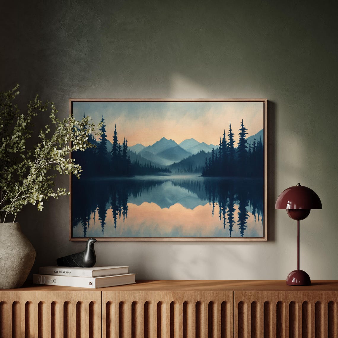 Moody Mountain Lake Serene Sunset Reflection Wall Art Dark Forest Landscape Print Misty Nature Painting Tranquil Cabin Decor
