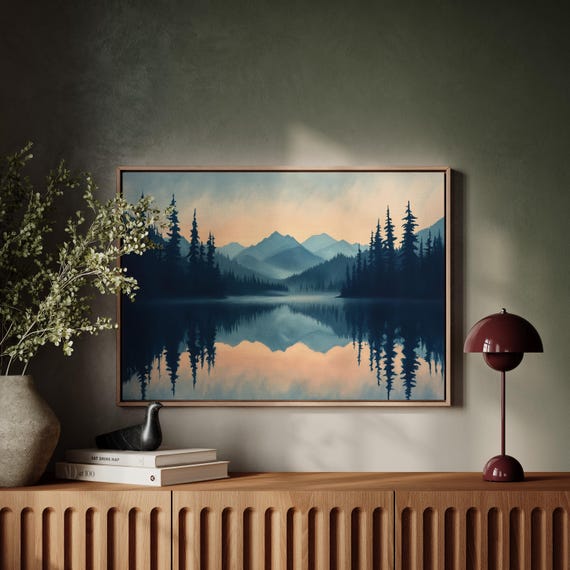Moody Mountain Lake Serene Sunset Reflection Wall Art Dark Forest Landscape Print Misty Nature Painting Tranquil Cabin Decor
