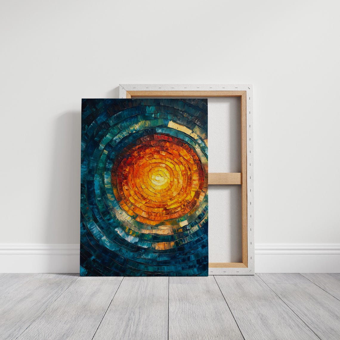 Radiant Sunburst Circular Abstract Oil Painting Fiery Orange Poster - Image 3