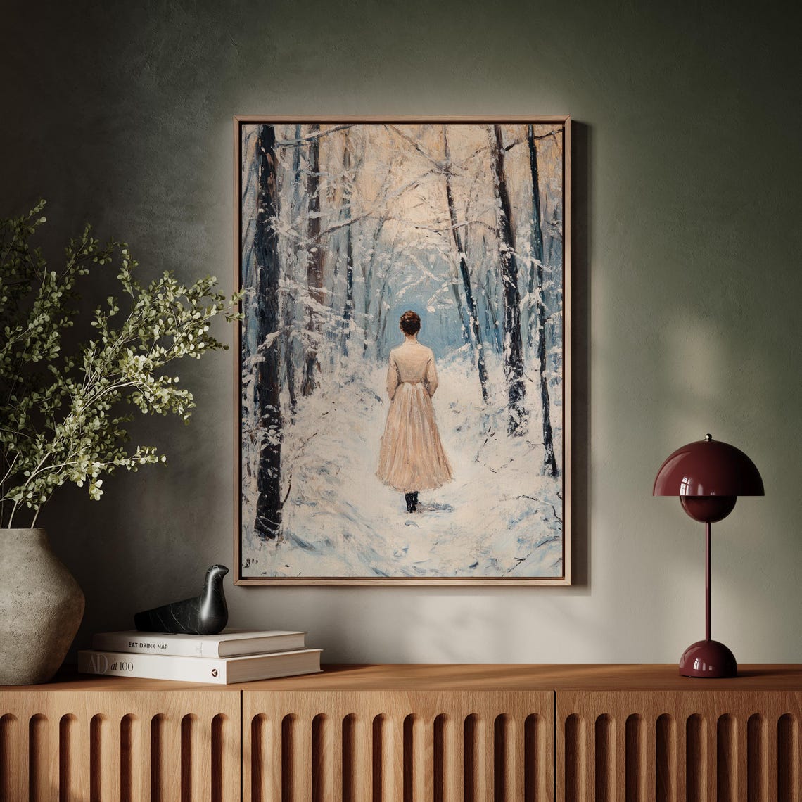 Woman Walking Away Through Snowy Forest Path Winter Scene Poster - Image 4