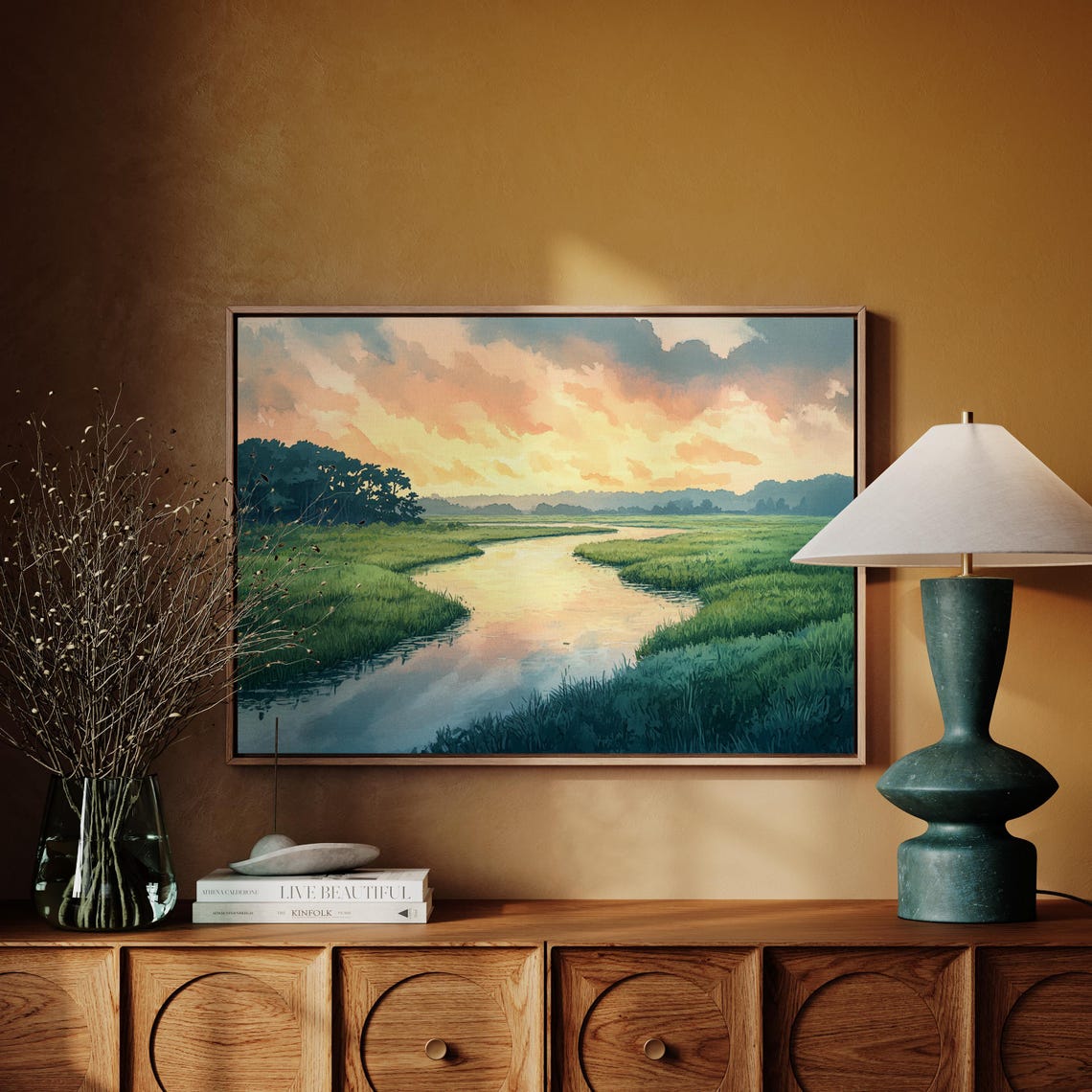 Golden Sunset Over River Marsh Watercolor Landscape Glowing Sky Poster
