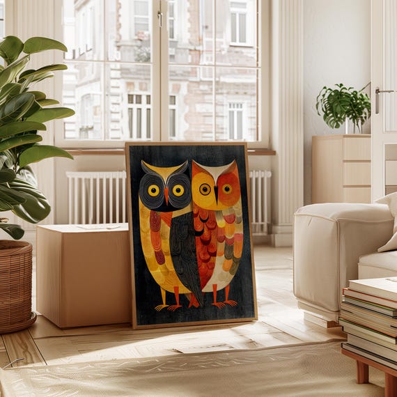 Colorful Owl Pair Illustration In Bold Folk Style