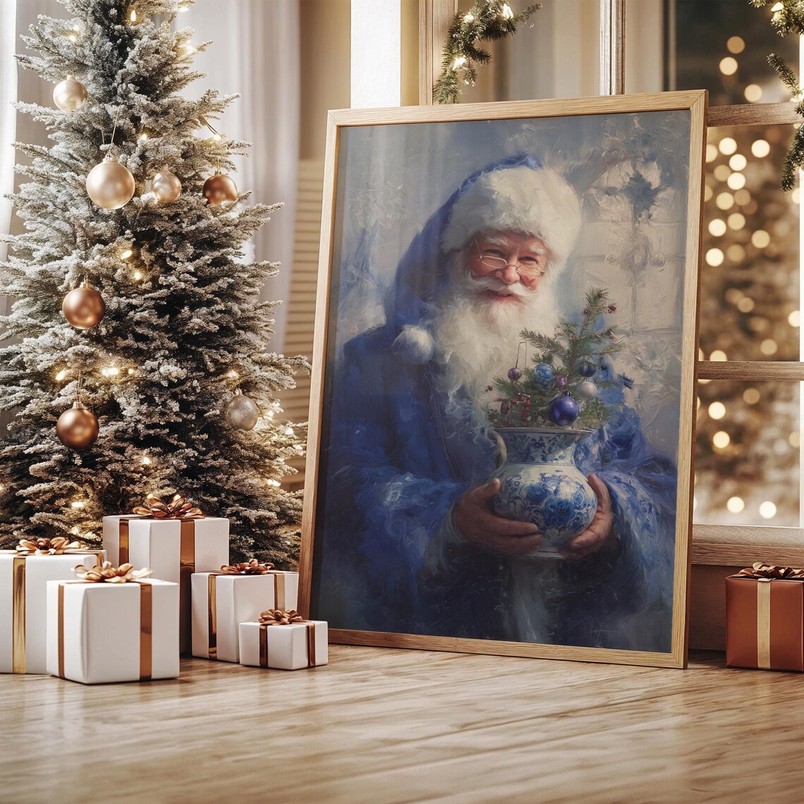 Blue Santa Claus With Christmas Vase Of Joy Art Print