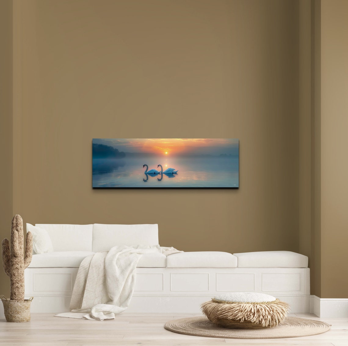 Swan Couple Misty Lake Sunrise Romantic Birds Panoramic Wall Art - Image 6