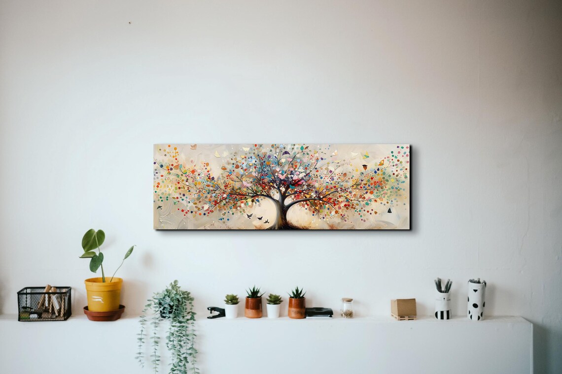 Colorful Tree of Life Confetti Leaves Birds Panoramic Art Poster - Image 3