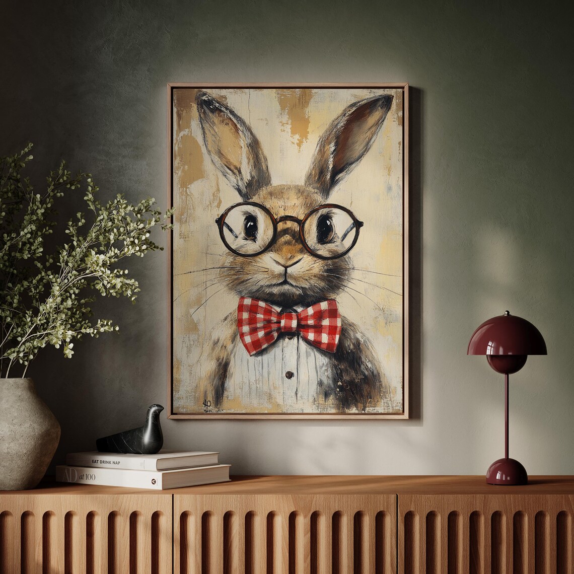Rustic Rabbit Portrait With Glasses, Vintage Art Print