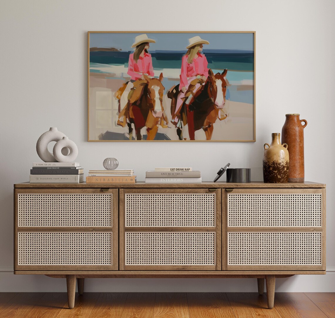 Two Cowgirls Riding Horses On The Beach Pink Western Art Poster