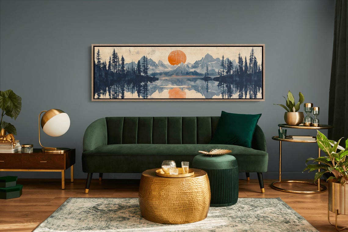 Blue Monochrome Mountain Lake Single Orange Sun Reflection Art Poster - Image 6