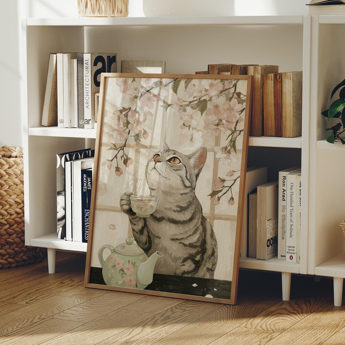 Tea Time With Cherry Blossoms Cat Art Print
