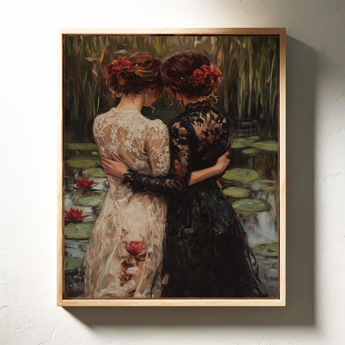 Two Women Embracing at a Lily Pond Romantic Vintage Oil Painting Print - Image 7