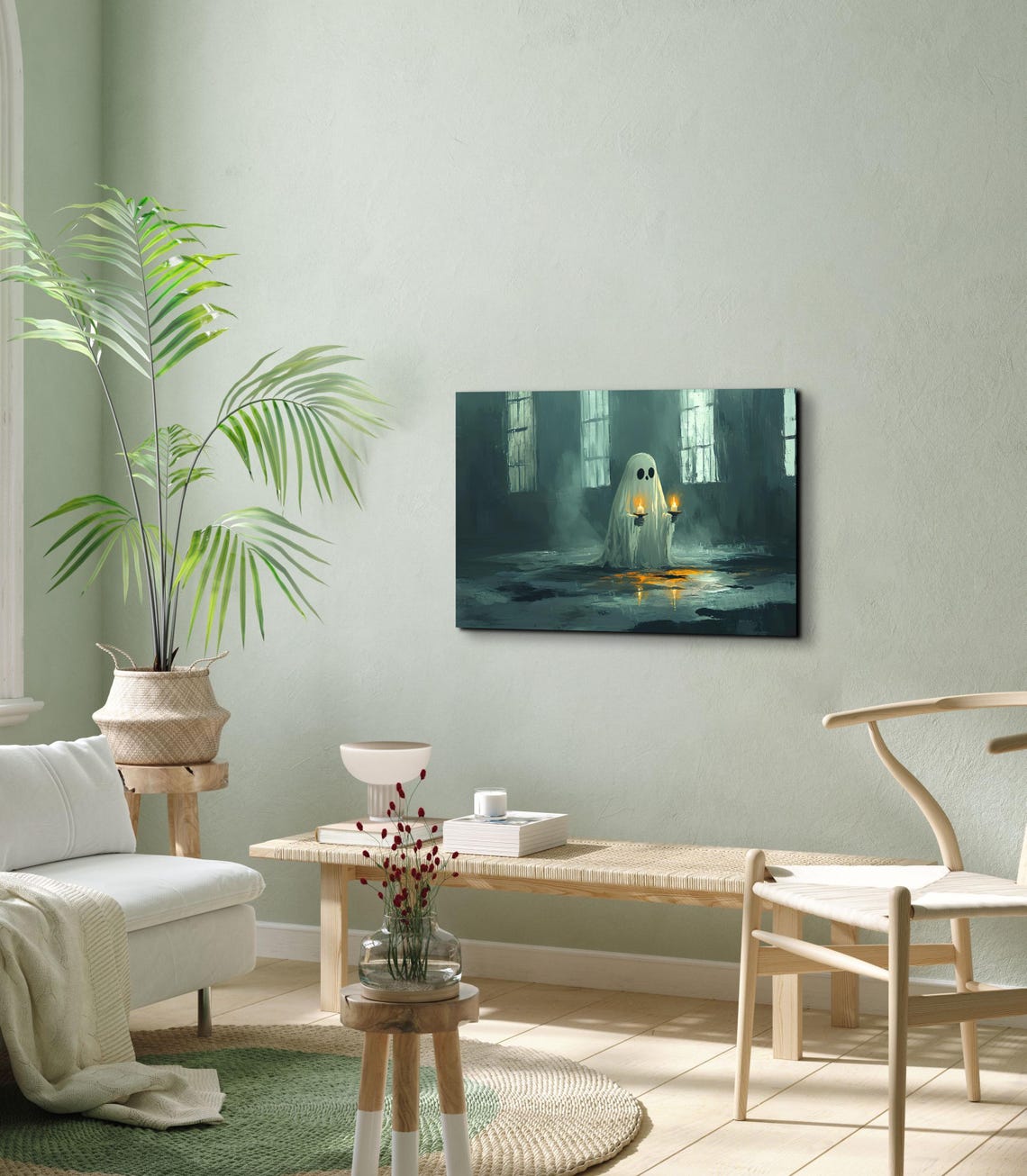 Cute Ghost Holding Two Lit Candles in a Dark Misty Gothic Hall Poster - Image 7