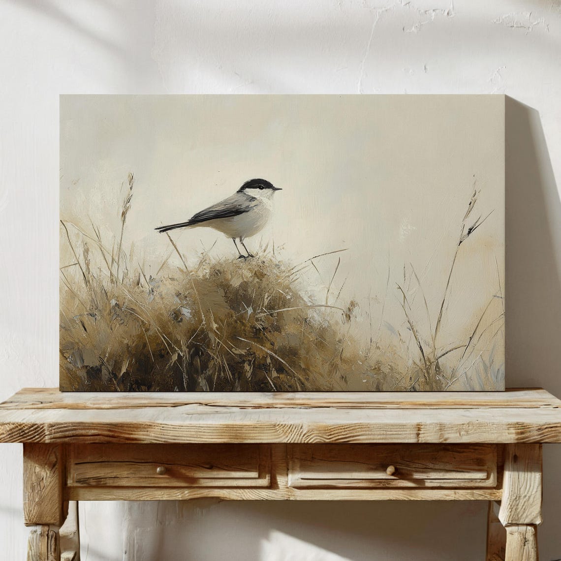 Small Bird Perched In Golden Grasses Minimalist Neutral Nature Poster - Image 3