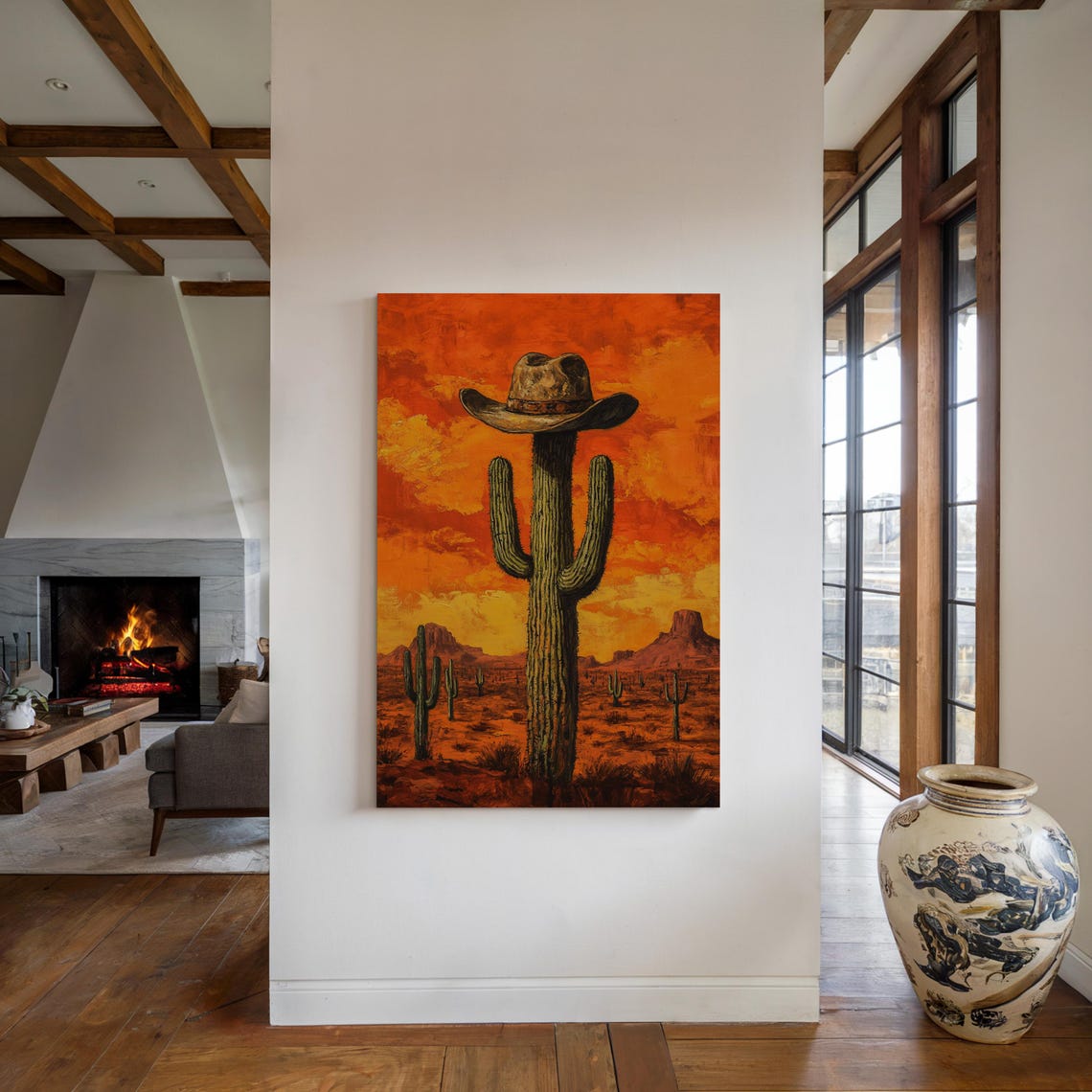 Saguaro Cactus Wearing Cowboy Hat Orange Desert Sunset Poster - Image 4