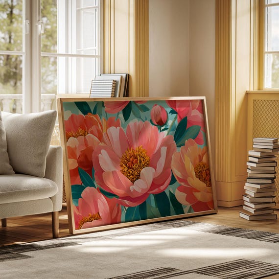 Bold Floral Canvas Wall Art Modern Botanical Painting Of Vibrant Coral Pink Orange Peonies With Teal Leaves Elegant Nature Home Dcor
