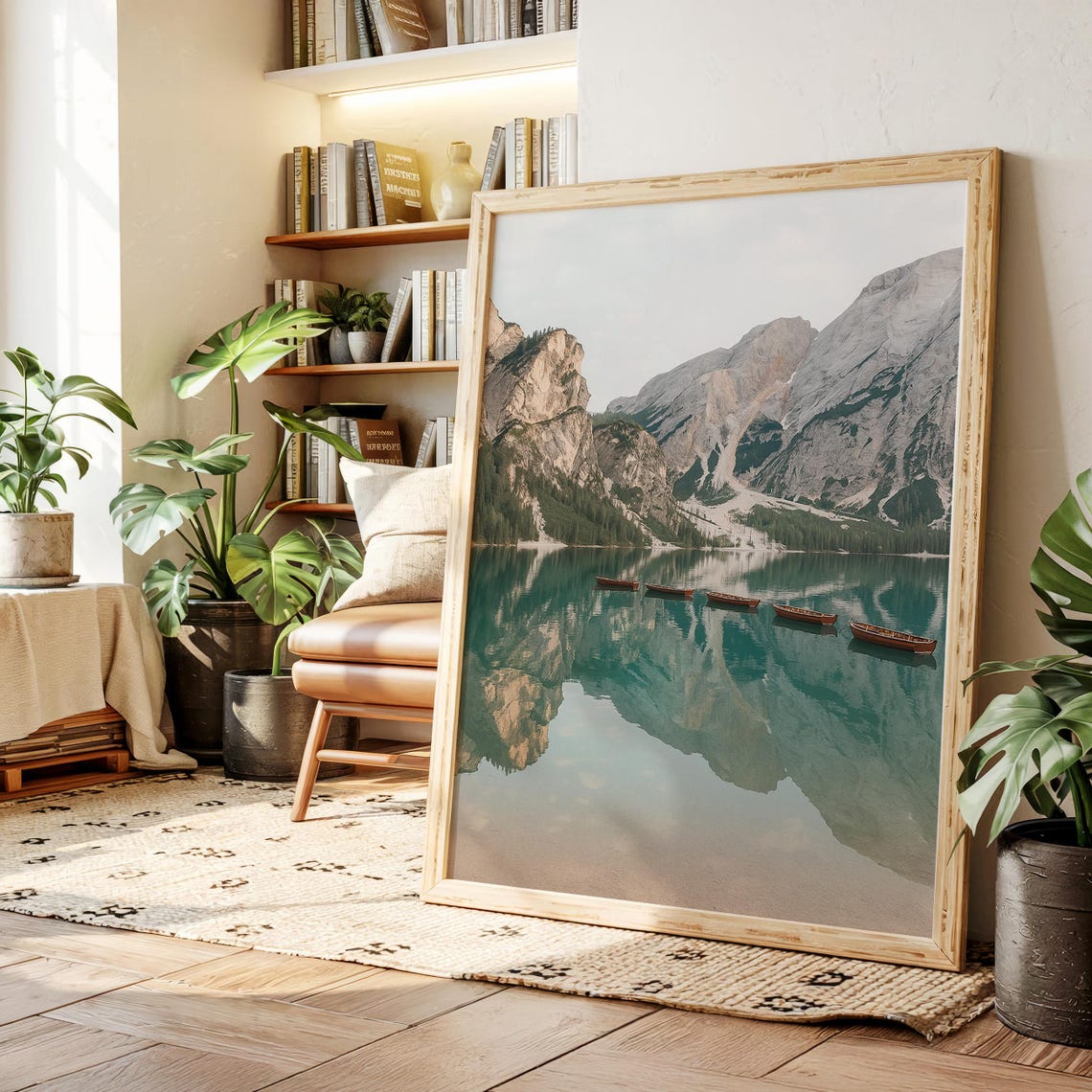 Emerald Alpine Lake Rowboats Mountain Reflection Serene Poster