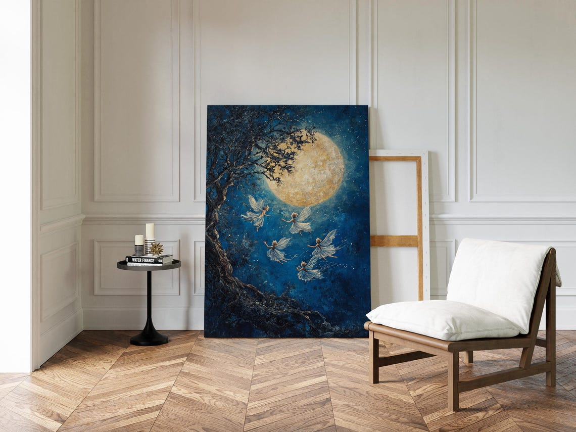 Five Fairies Dancing Under Golden Full Moon Beside Old Tree Poster - Image 5