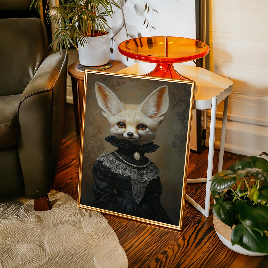 Fennec Fox In Black Victorian Dress With Pearl Necklace Animal Poster