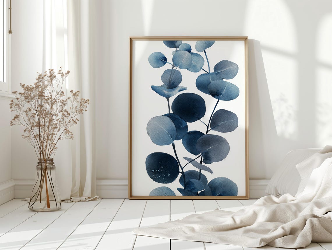 Minimalist Blue Eucalyptus Watercolor Modern Botanical Poster