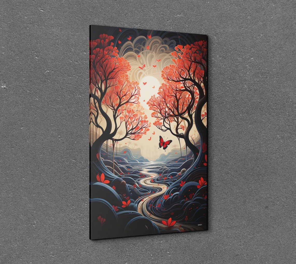 Red Forest Path With Butterfly Stylized Fantasy Night Art Poster - Image 2