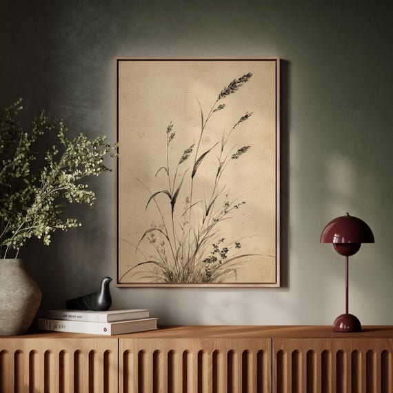 Minimalist Ink Grass Drawing Vintage Botanical Line Art Print