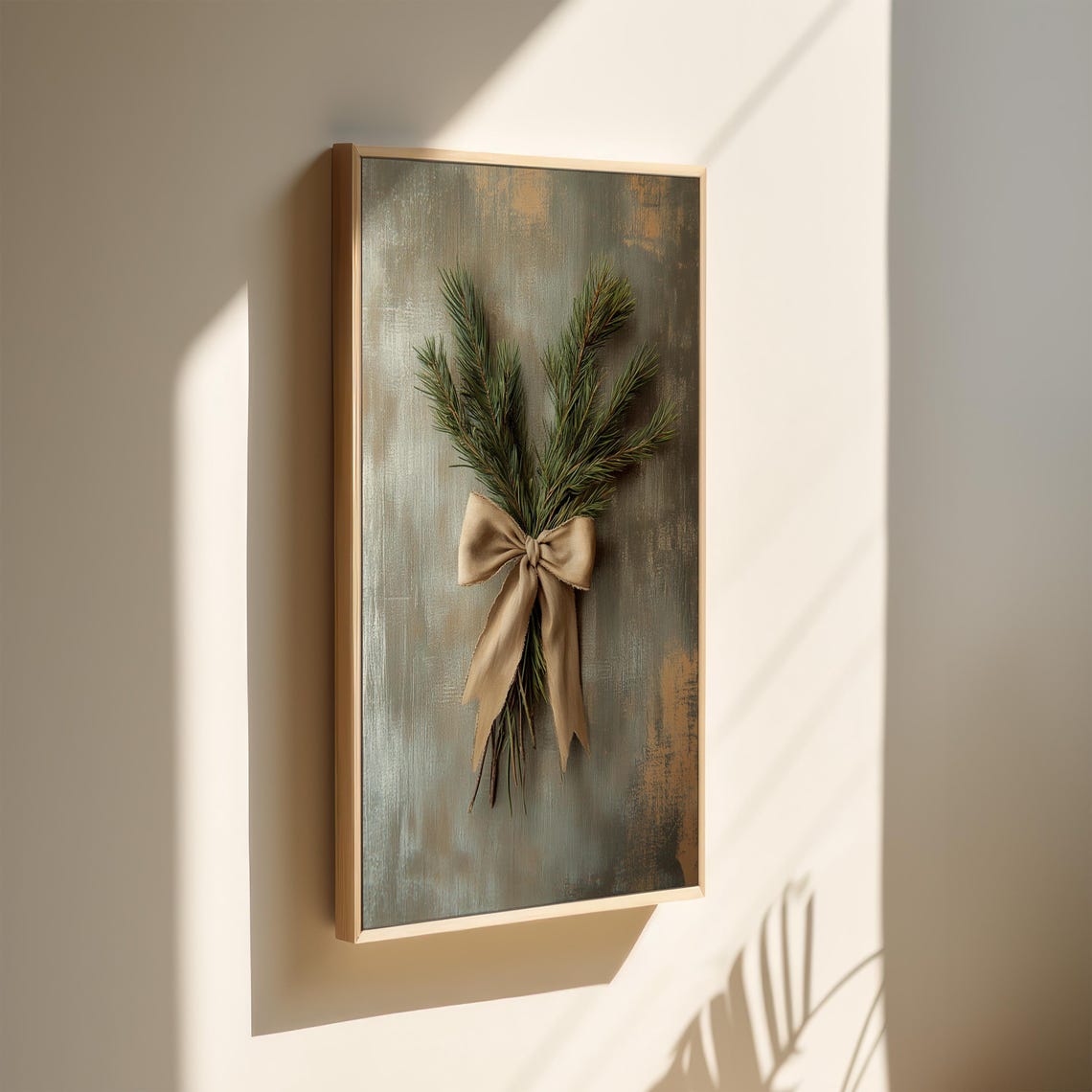 Pine Branch with Beige Satin Bow Rustic Holiday Wall Decor Poster - Image 3