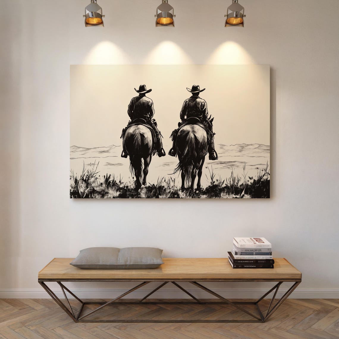 Cowboys On Horseback Western Line Art Print Black And White Cowboy Decor Rustic Ranch Wall Art - Image 4